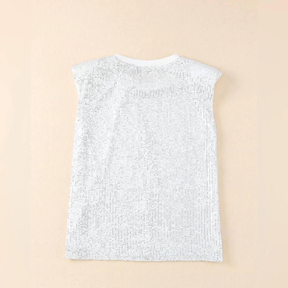 #27 White All Sequin Sleeveless Top - Picture 5 of 10
